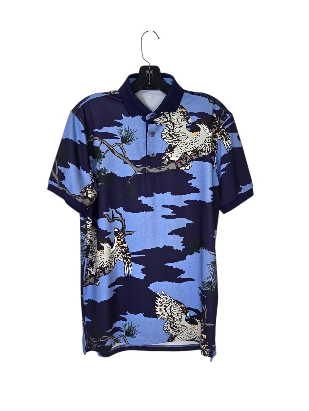 Greyson‎ RARE Blue Camo Hawk Bird Print Golf Polo Shirt Men's Small